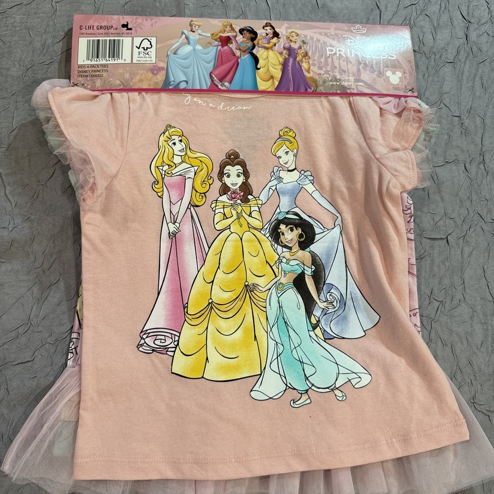 Disney Princess Girls 4-pack Tees Sz 4T Cinderella Jasmine Belle